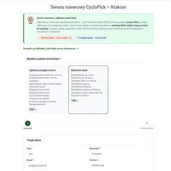 Ekran wyboru pakietu Wymiana dętki i terminu w formularzu rezerwacji CycloPick